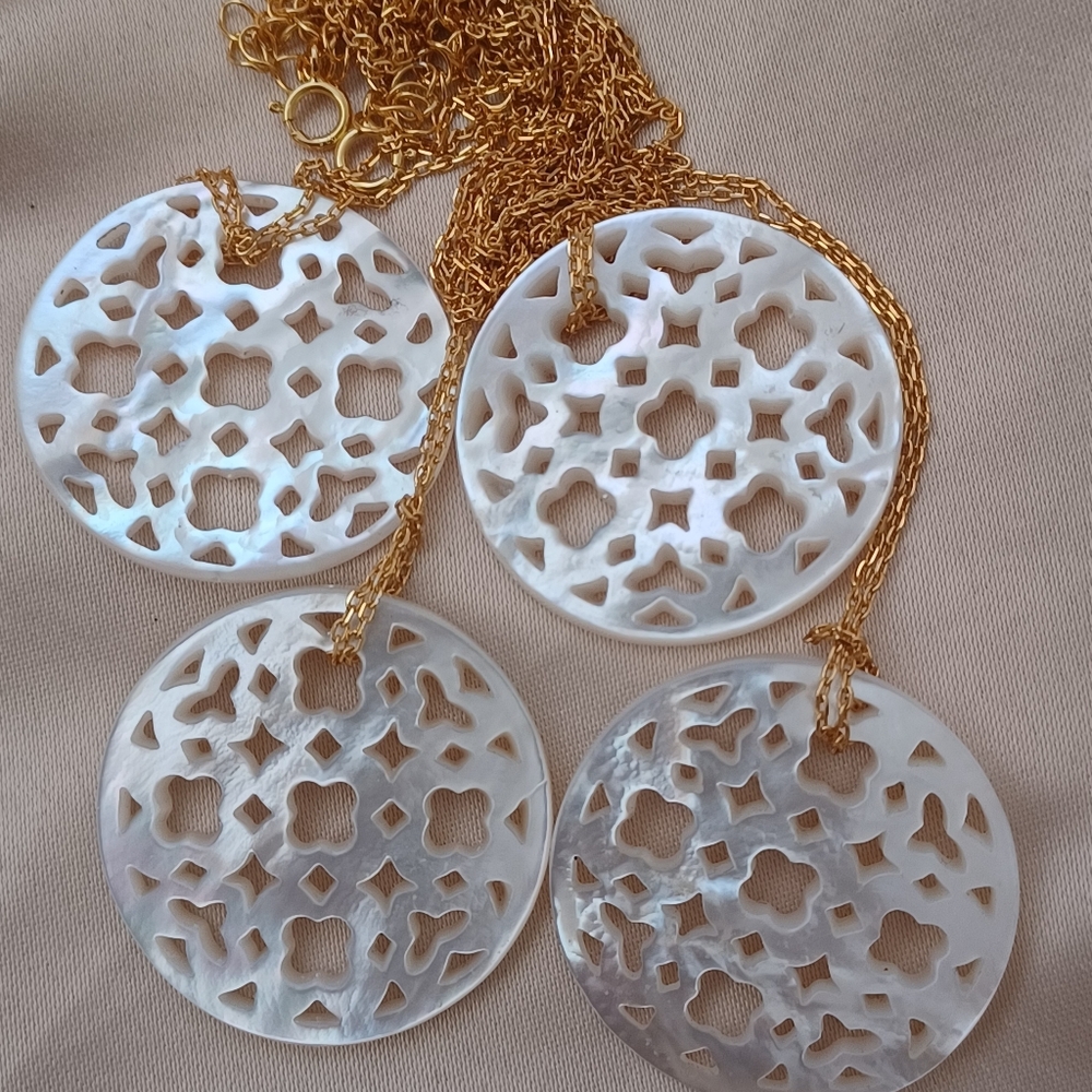 White Shell Filligree  Pendants Mop Hand Carved Necklaces